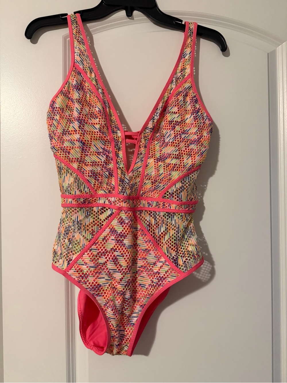 BECCA Multicolor Patterned One-Piece with Neon Pink Trim